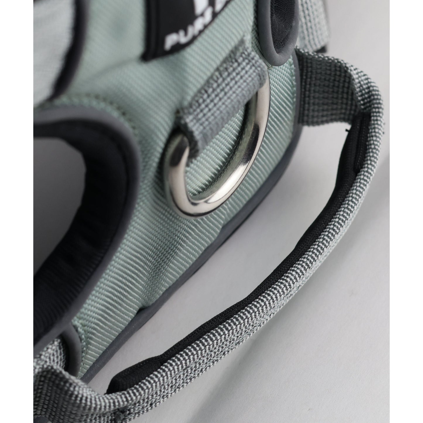 Grey comfort dog harness by PUMPKIN PET, featuring metal rings, dark trim, and woven texture.