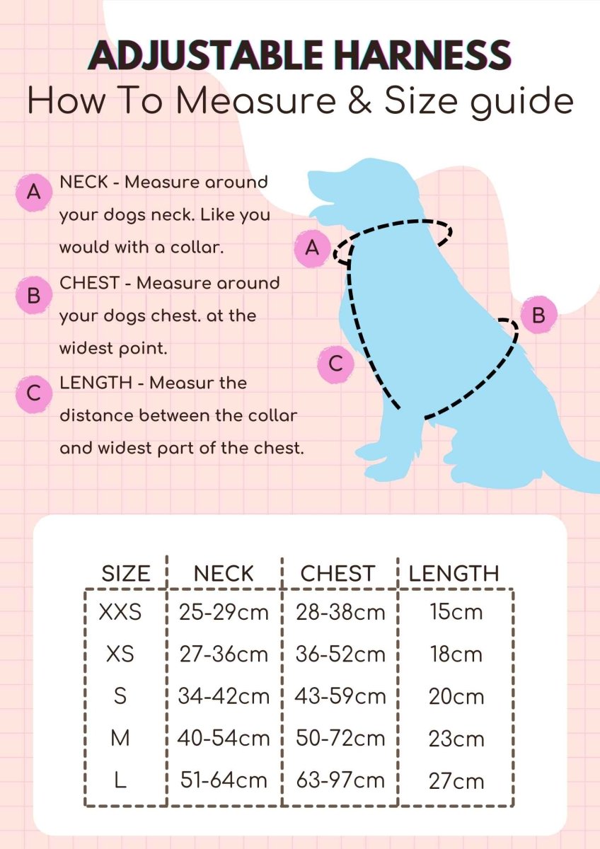 Adjustable dog harness in pastel blue with measurement and size guide.