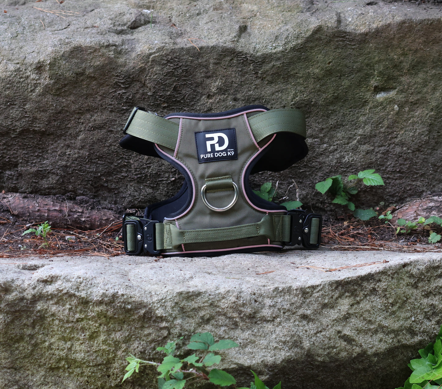 Khaki comfort dog harness by Pure Dog K9 with black trim, resting on a stone surface.