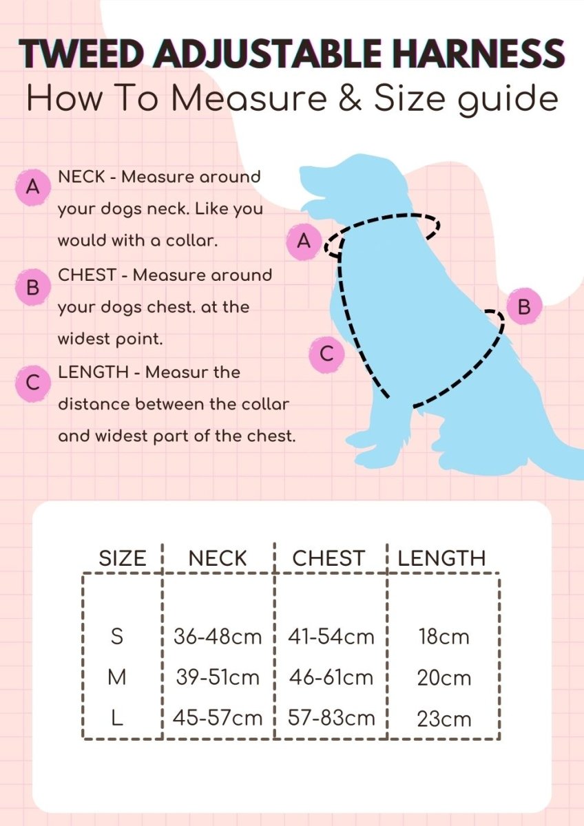 Adjustable dog harness with size guide by Tweed, with neck, chest, and length measurement chart.
